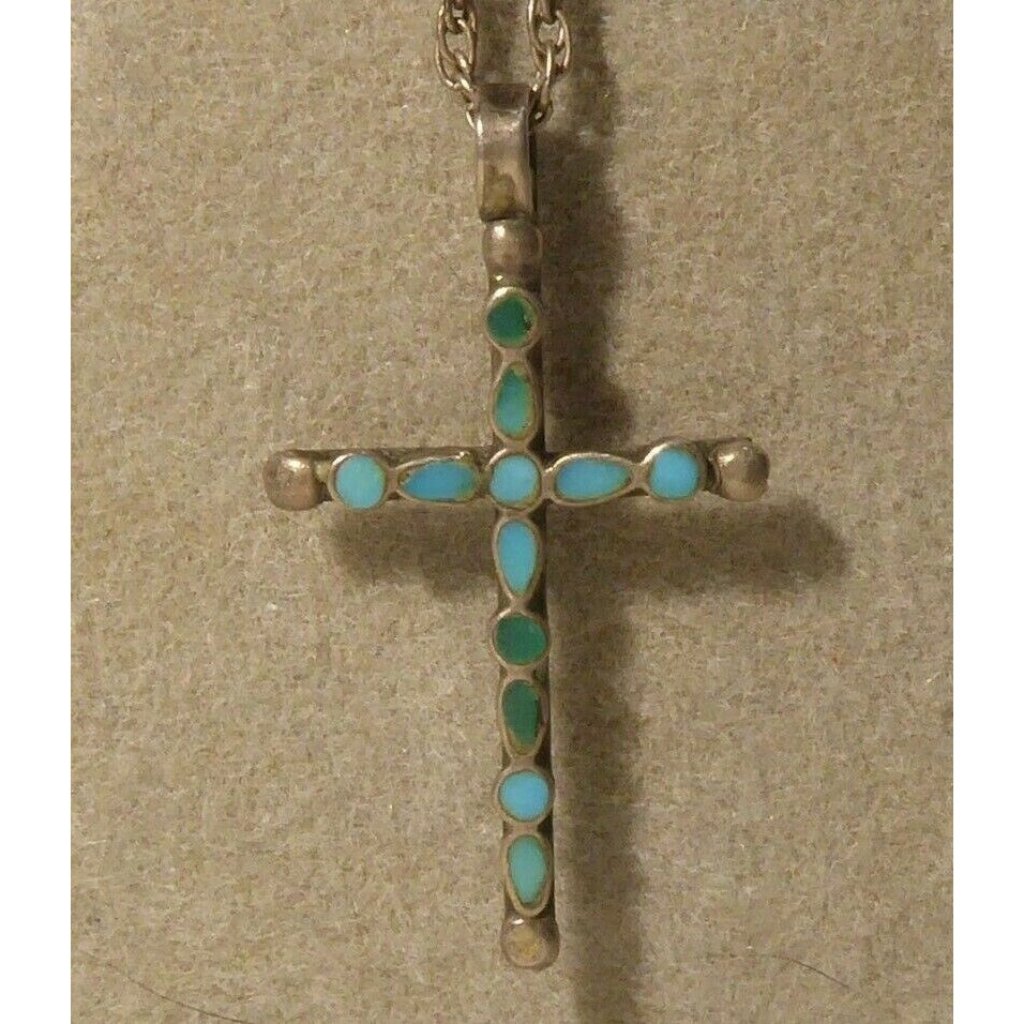 Vintage Zuni Dishta Style Sterling Silver Turquoise Inlay Cross Necklace